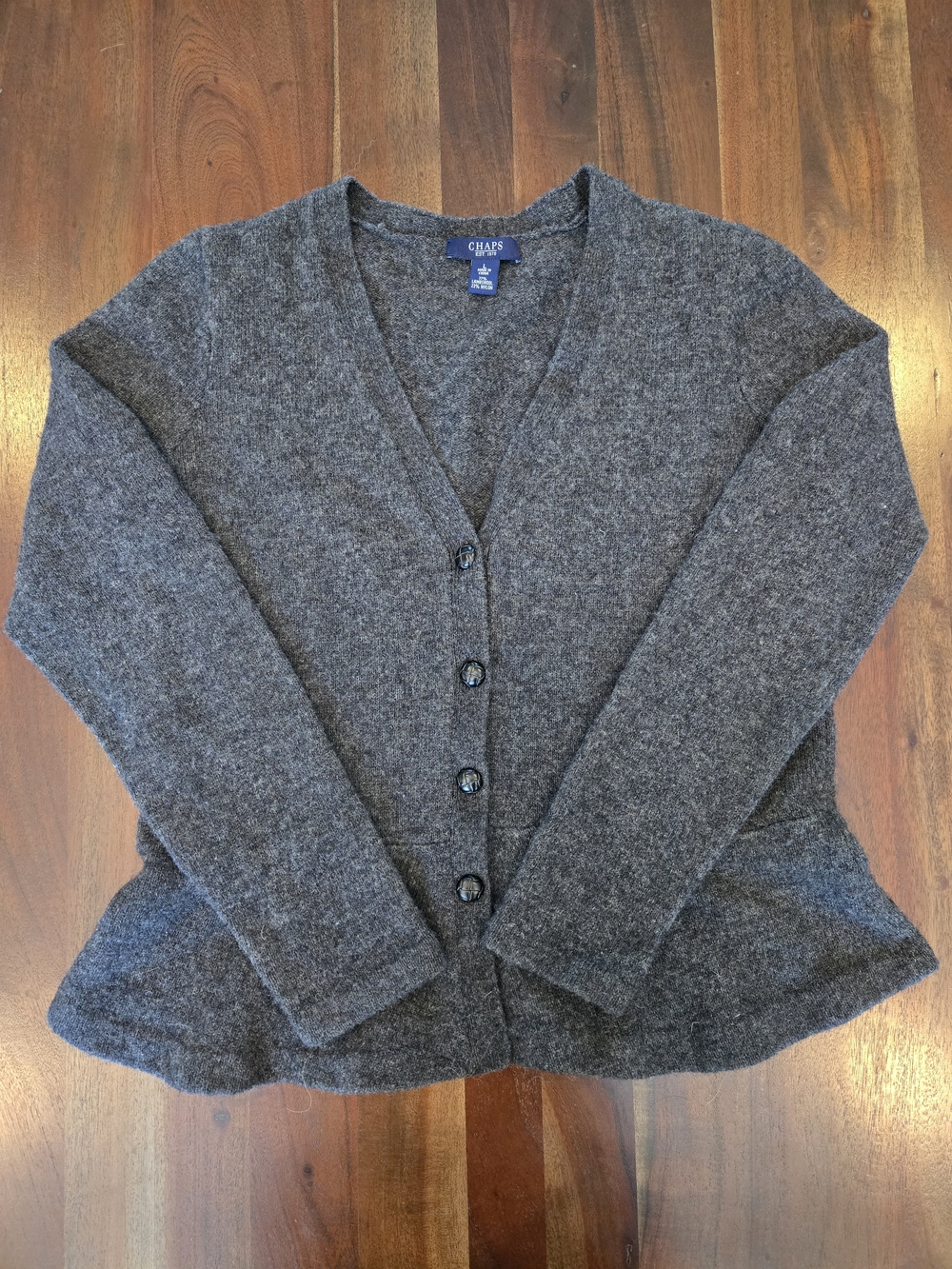 CHAPS Charcoal Gray Lambswool Blend Peplum Cardigan Sweater Large
